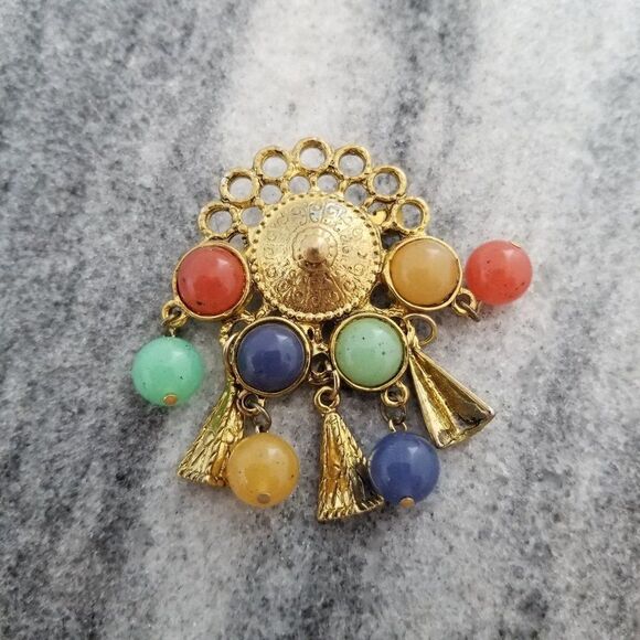 Vintage Funky Beaded Gold Tone Brooch, Retro 80s Design, estate - Picture 5 of 5